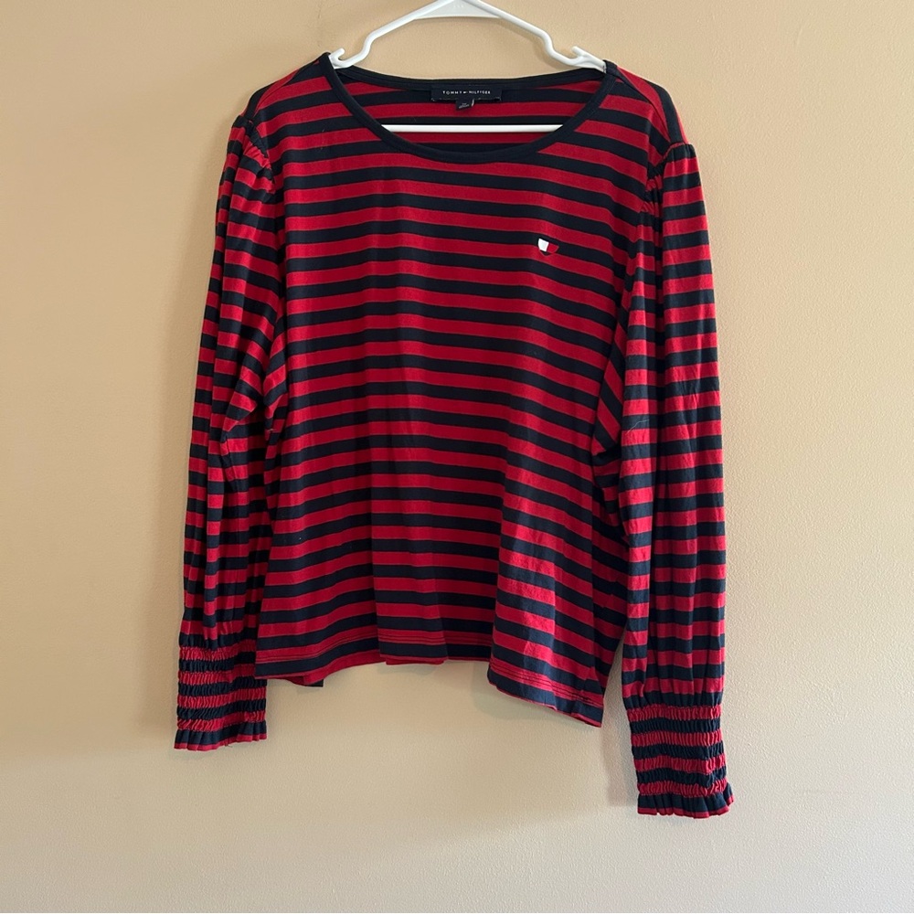 Tommy Hilfiger Red and navy Striped Top blouse shirt cotton